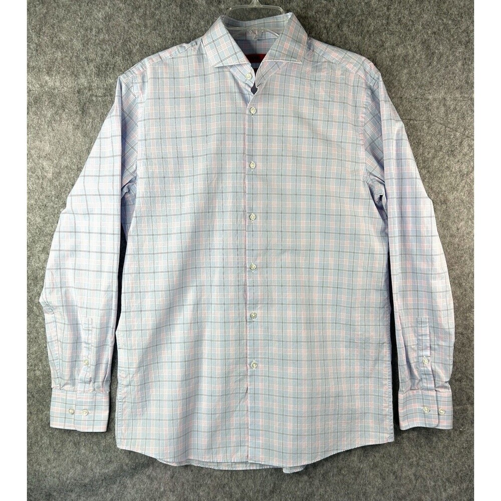 Hugo Boss Shirt Men's 16 34/35 Slim Fit Casual Button Up Pink Plaid Long Sleeve